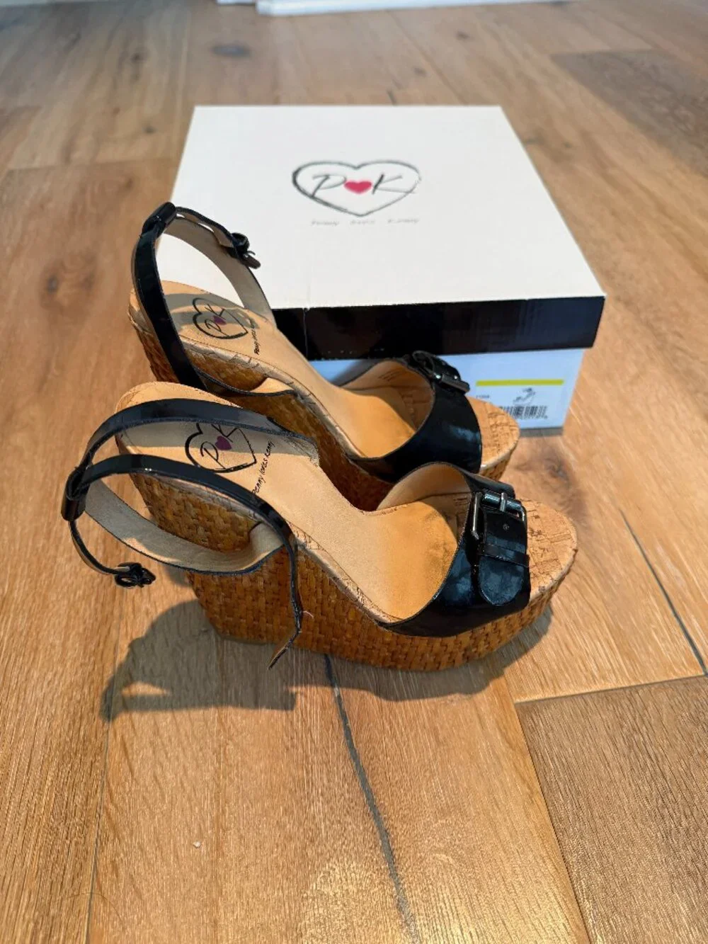 Penny Loves Kenny Black Patent Espadrille Wedges Sandals with Buckle With Box
